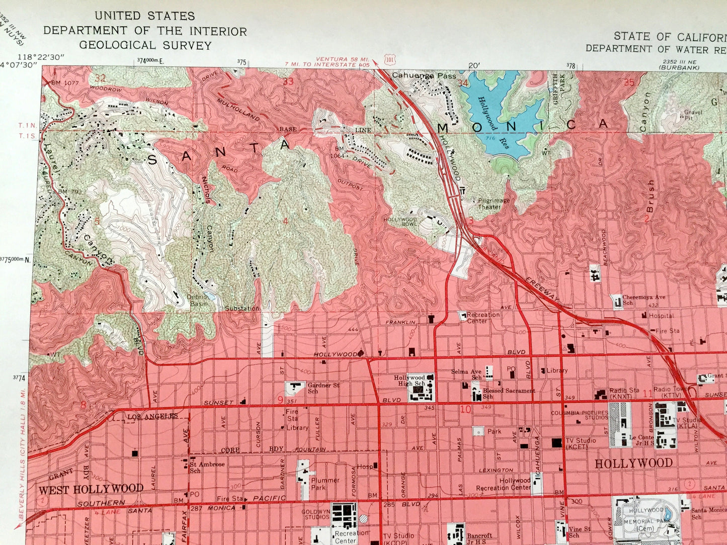 Antique Hollywood, California 1966 US Geological Survey Topographic Map – Los Angeles, San Rafael, Las Cienagas, La Brea, Griffith Park, CA