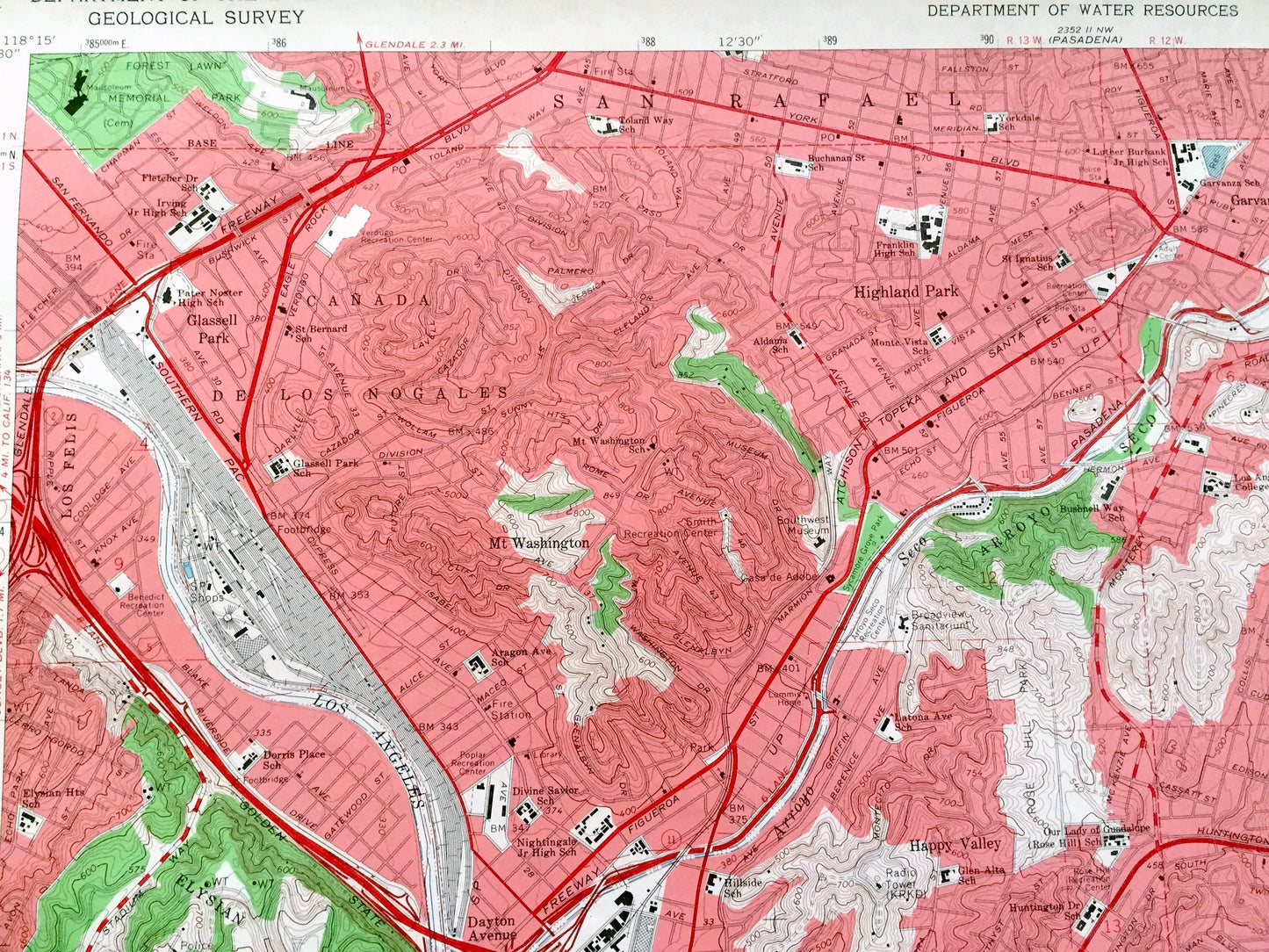 Antique Los Angeles, California 1966 US Geological Survey Topographic Map – Pasadena, San Rafael, Vernon, Monterey Park, Alhambra Elysian CA