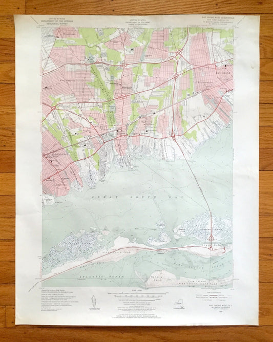 Antique Bay Shore West, New York 1954 US Geological Survey Topographic Map – Fire Island, Suffolk County, Long Island, Islip, Babylon, NY