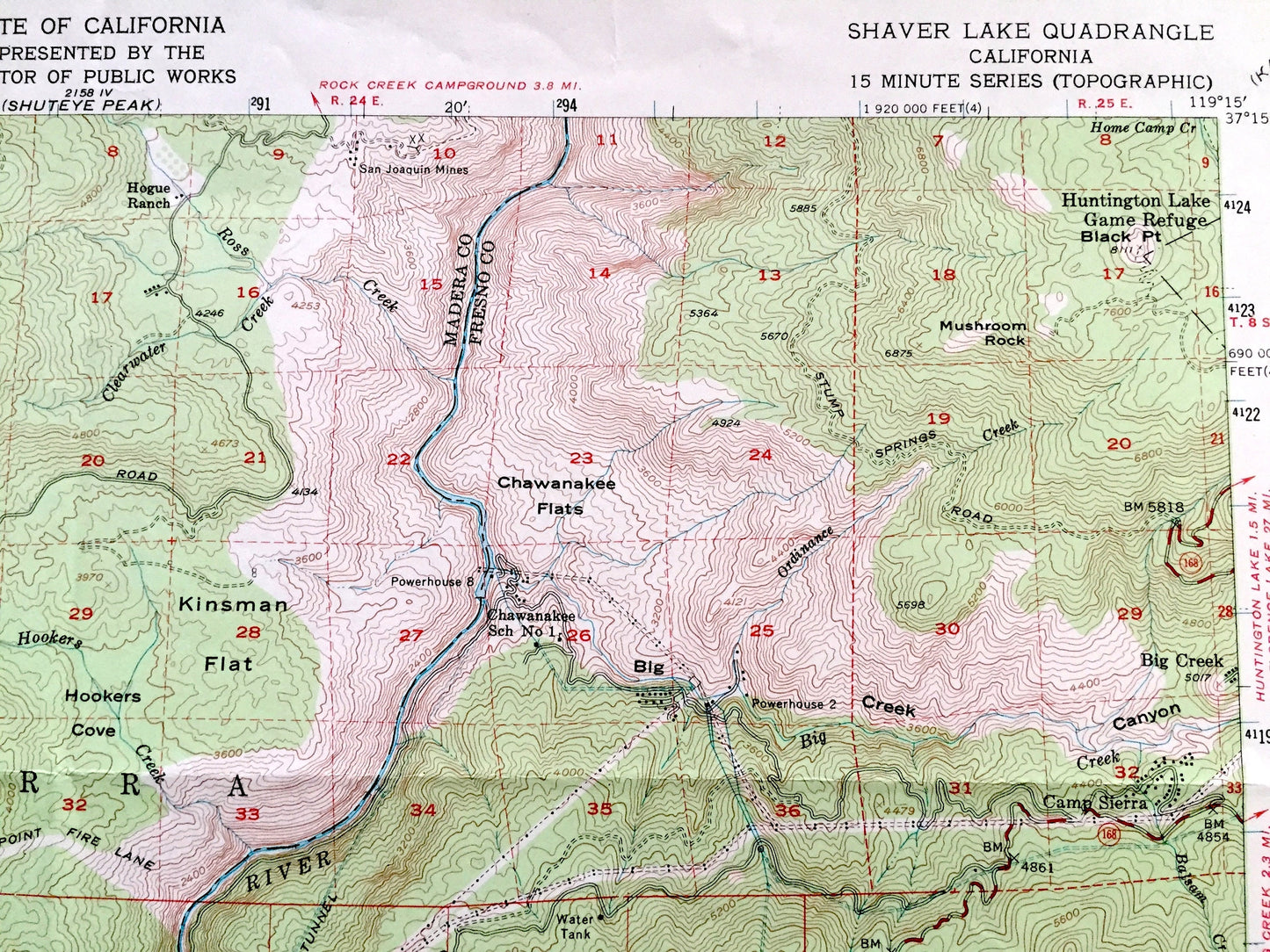 Antique Shaver Lake, California 1953 US Geological Survey Topographic Map – Madera, Fresno County, Sierra National Forest, Rock Haven, CA