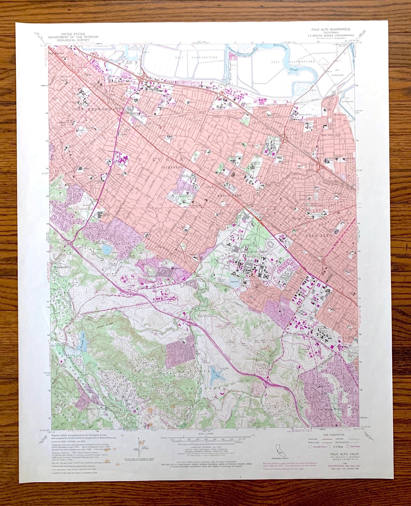 Antique Palo Alto, California 1961 US Geological Survey Topographic Map – Silicon Valley, Stanford University, Menlo Park Pulgas Atherton CA