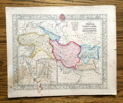 Antique 1860 Persia, Turkey, Afghanistan, Belochistan Map by S. Augustus Mitchell – Palestine, Israel, Iraq, Iran Syria Pakistan Middle East