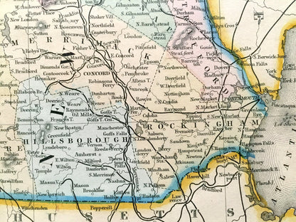 Antique 1862 Vermont & New Hampshire Map by S.A. Mitchell – Lake Champlain, Winnipesaukee, Squam, White, Green Mountains, Burlington, Maine