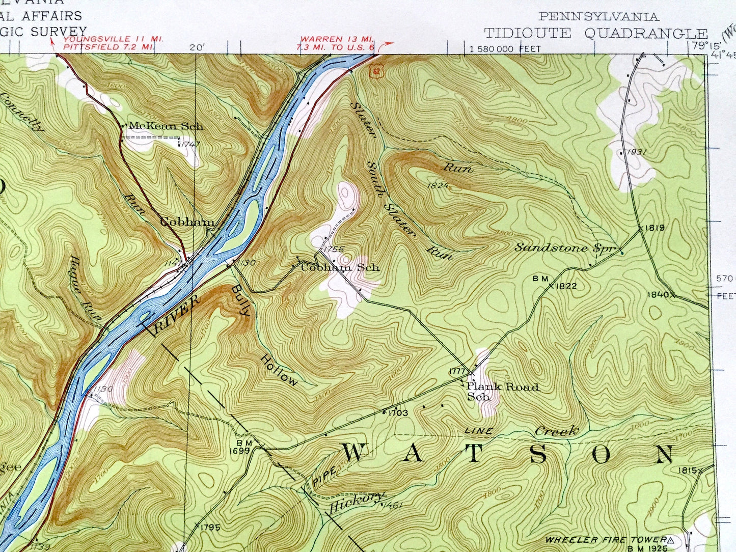 Antique Tidioute, Pennsylvania 1927 US Geological Survey Topographic Map – Warren, Forest County, Triumph, Deerfield, Limestone, Harmony, PA