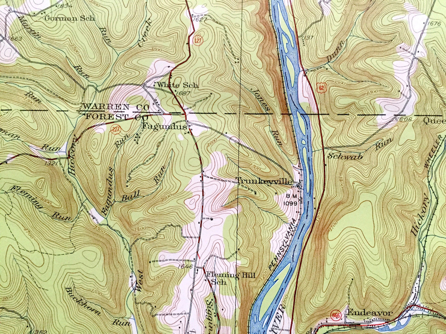 Antique Tidioute, Pennsylvania 1927 US Geological Survey Topographic Map – Warren, Forest County, Triumph, Deerfield, Limestone, Harmony, PA