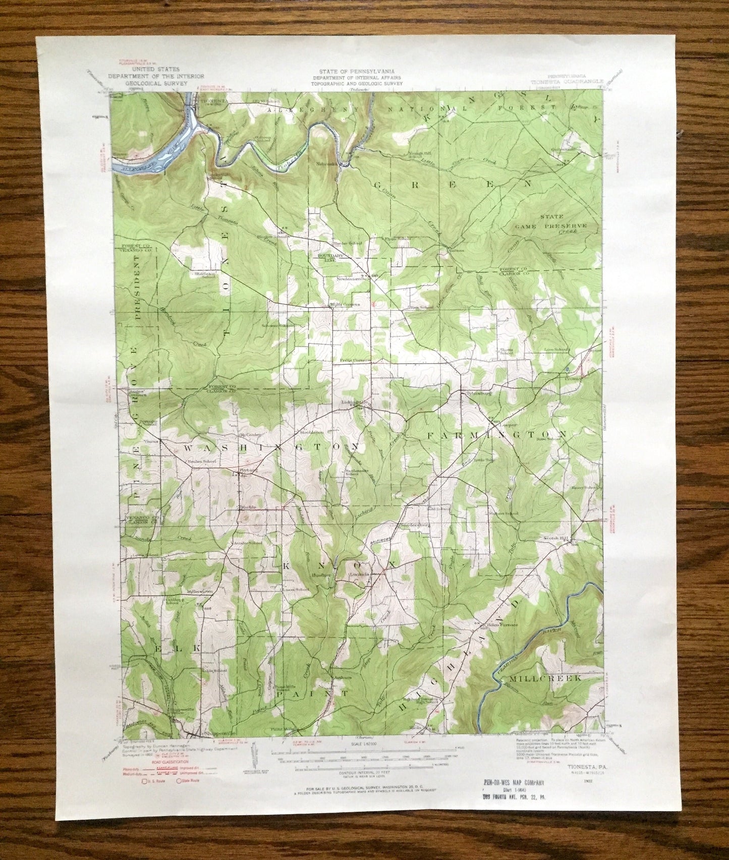 Antique Tionesta, Pennsylvania 1922 US Geological Survey Topographic Map – Forest, Venango, Clarion County, Farmington, Allegheny, Knox, Elk
