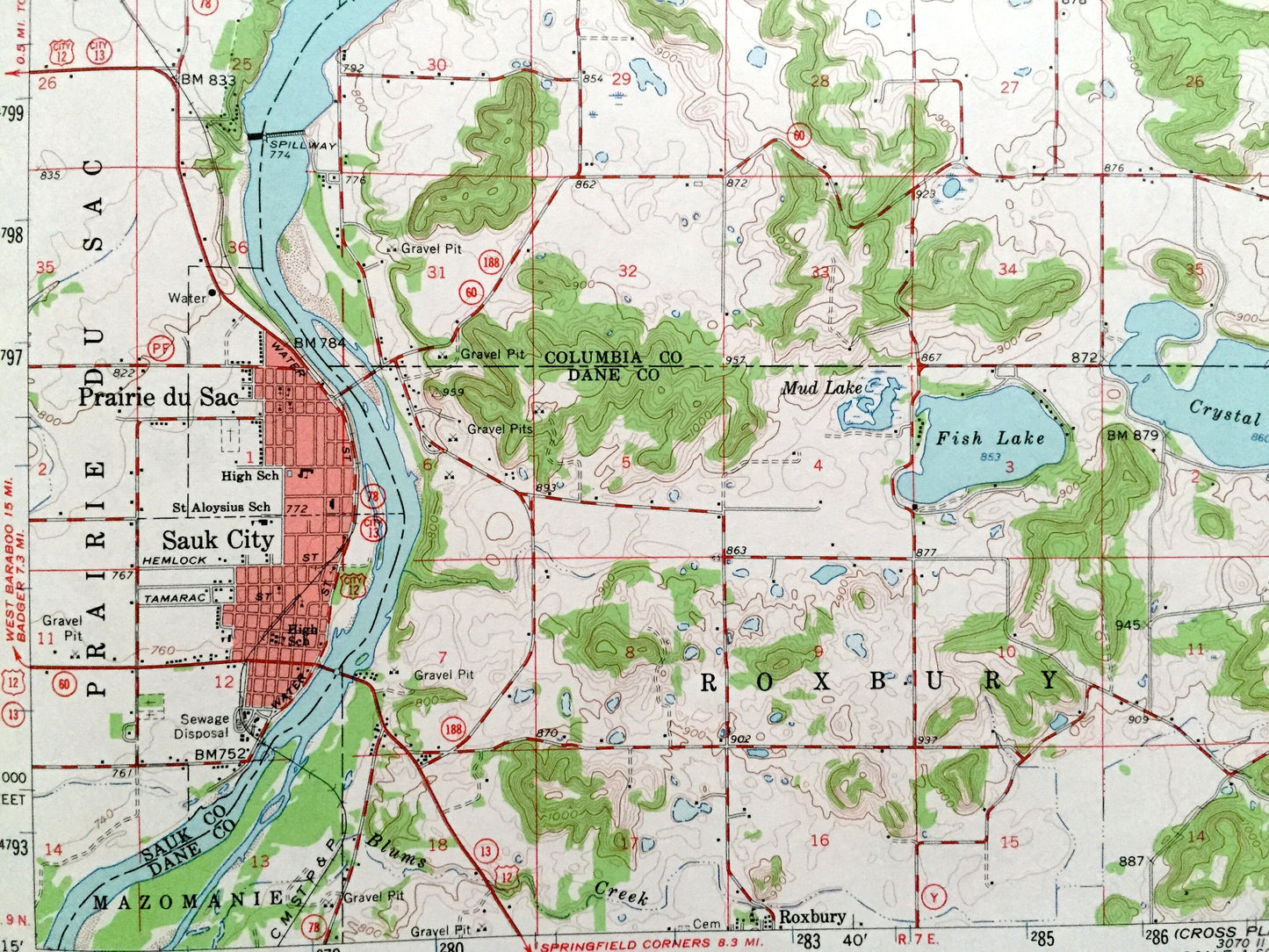 Antique Baraboo, Wisconsin 1959 US Geological Survey Topographic Map – Merrimac, Prairie du Sac, Sauk, Lodi, Columbia, Dane, Devils Lake WI
