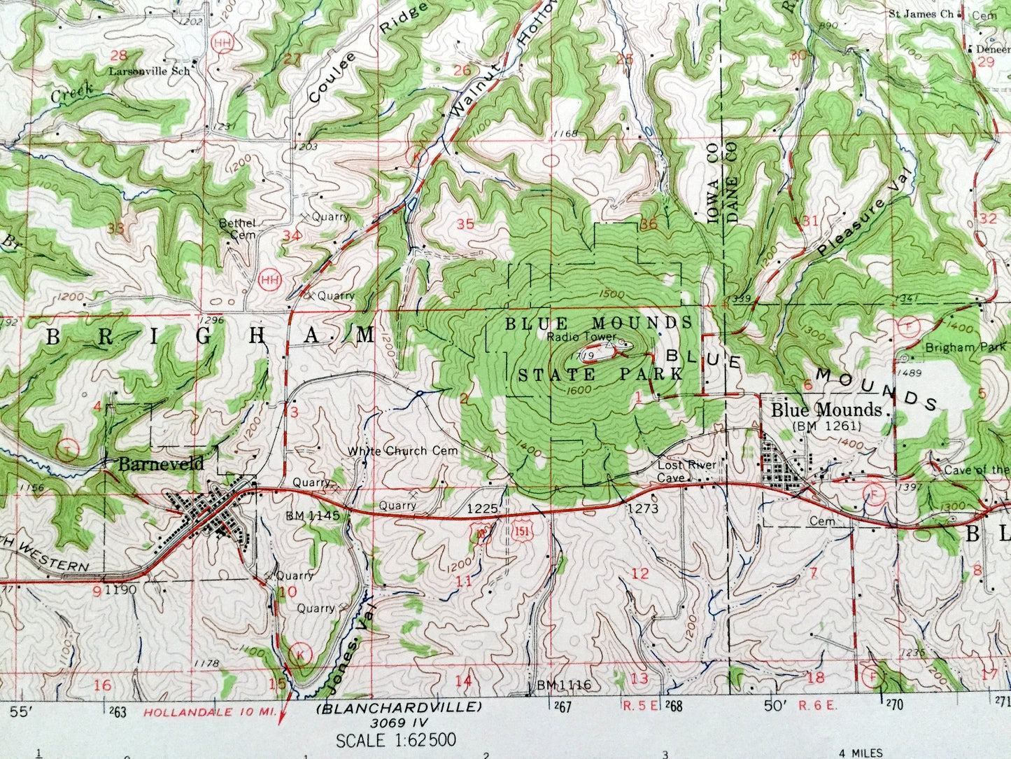 Antique Blue Mounds, Wisconsin 1962 US Geological Survey Topographic Map – Sauk, Iowa County, Arena, Mazomanie, State Park, Barneveld, WI