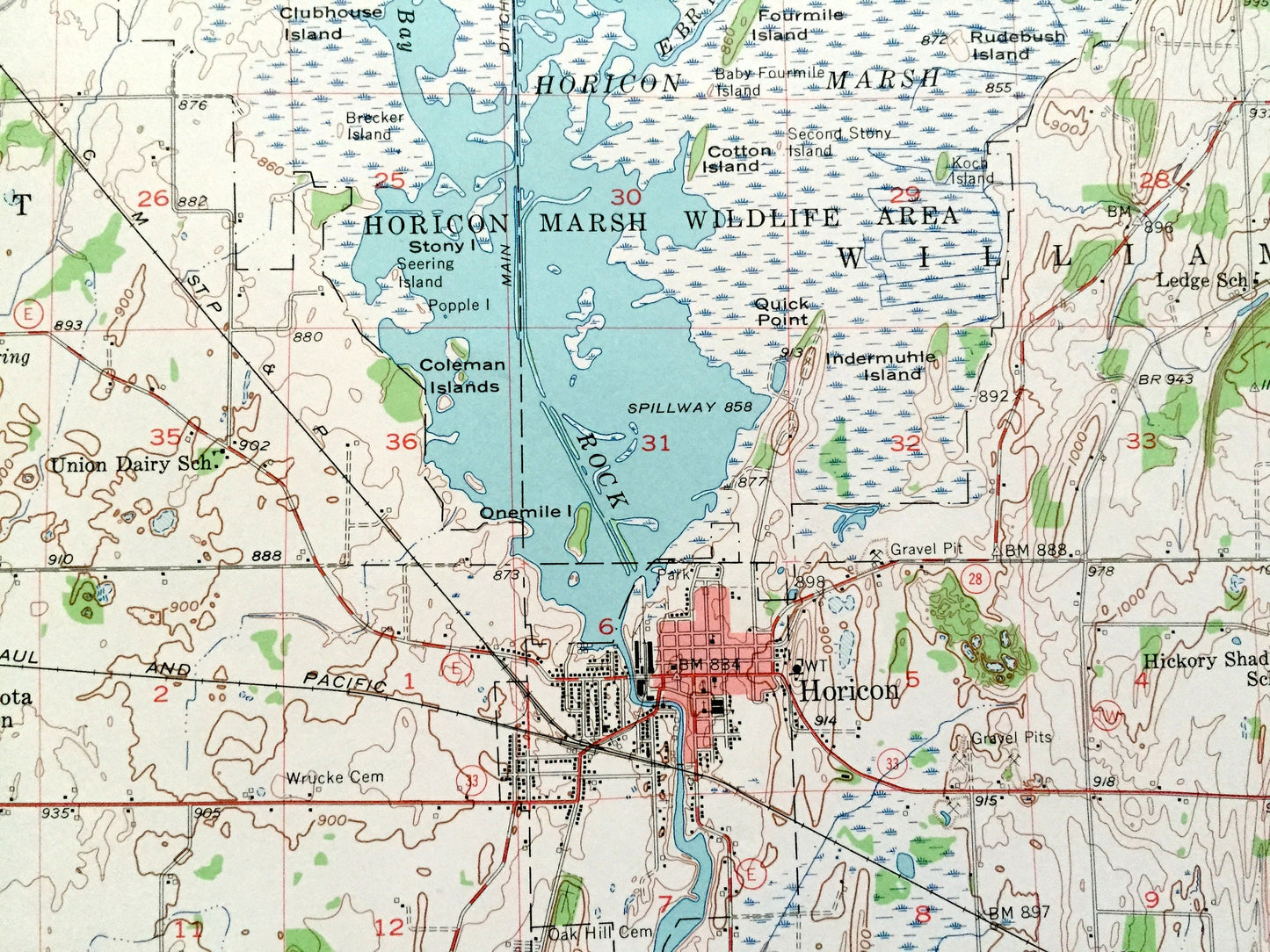 Antique Horicon, Wisconsin 1955 US Geological Survey Topographic Map – Dodge County, Sinissippi Lake, Marsh Wildlife Area, Juneau, Mayville