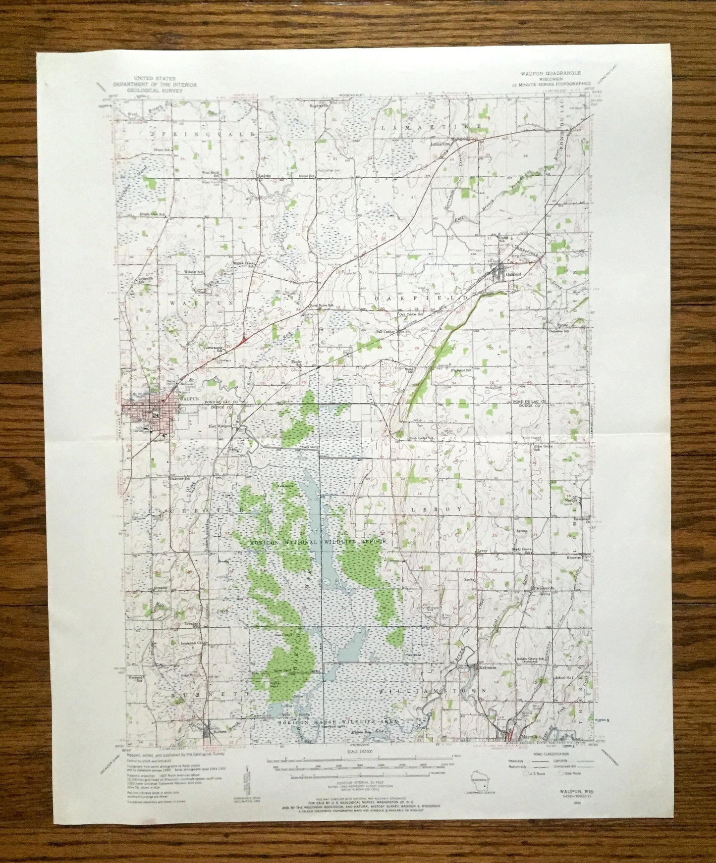 Antique Waupun, Wisconsin 1955 US Geological Survey Topographic Map – Dodge, Fond Du Lac County, Horicon National Wildlife Refuge, Oakfield