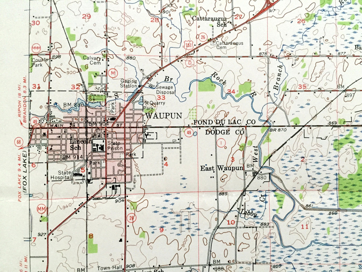 Antique Waupun, Wisconsin 1955 US Geological Survey Topographic Map – Dodge, Fond Du Lac County, Horicon National Wildlife Refuge, Oakfield