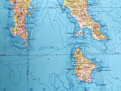Antique SOVIET Athens, Greece 1980 Russia Army Survey Map – Sparta, Peloponnese, Kalamata Region, Nafplion, Pireas, Saronic Islands,
