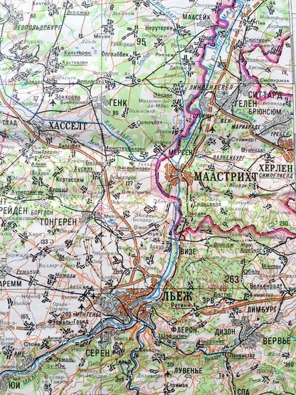 Antique SOVIET Brussels, Belgium 1968 Russian Army Survey Map – Ghent, Bruges, Antwerp, Rotterdam, Breda, Ostend, Netherlands, Lille, France