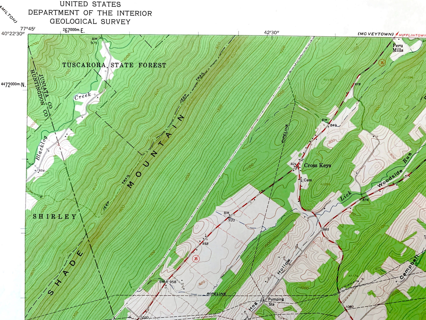 Antique Blairs Mills, Pennsylvania 1960 US Geological Survey Topographic Map – Juniata, Perry, Huntingdon, Franklin County, Lack, Tell, PA