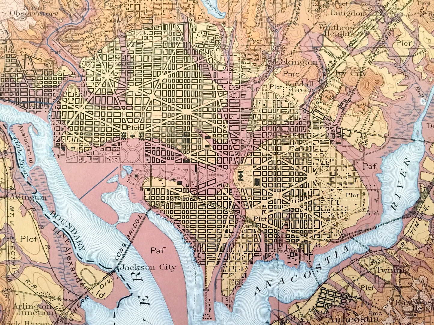 Antique Washington, DC 1901 US Geological Survey Topographic Map – Capitol Hill, Georgetown, Alexandria, Bethesda, Rock Creek Park, MD