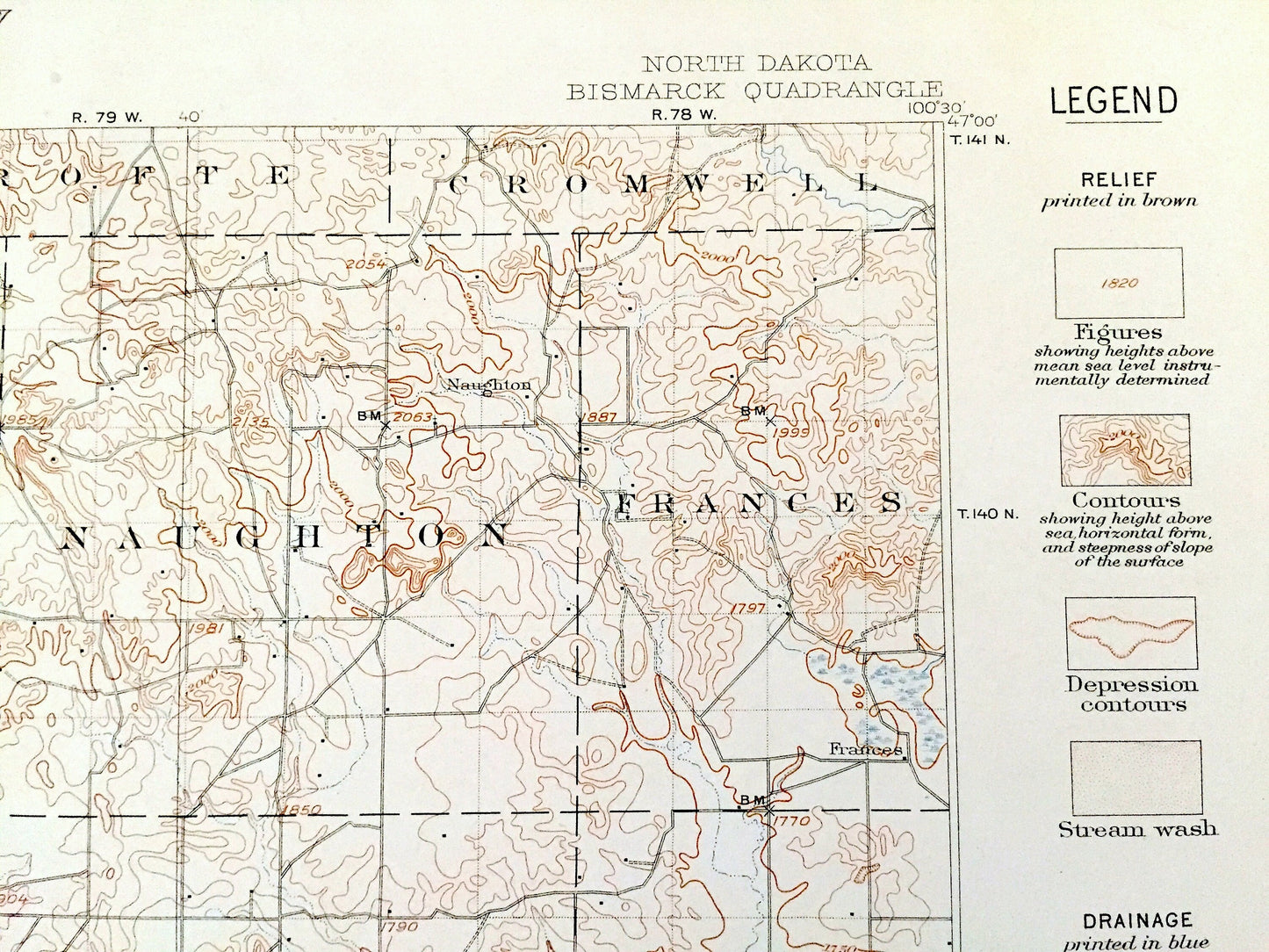 Antique Bismarck, North Dakota 1907 US Geological Survey Topographic Map – Morton, Burleigh, Emmons County, Mandan, Lincoln, Custer, ND