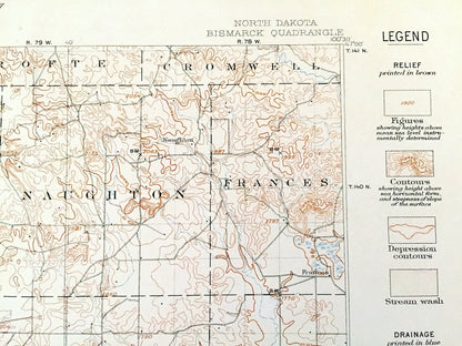 Antique Bismarck, North Dakota 1907 US Geological Survey Topographic Map – Morton, Burleigh, Emmons County, Mandan, Lincoln, Custer, ND
