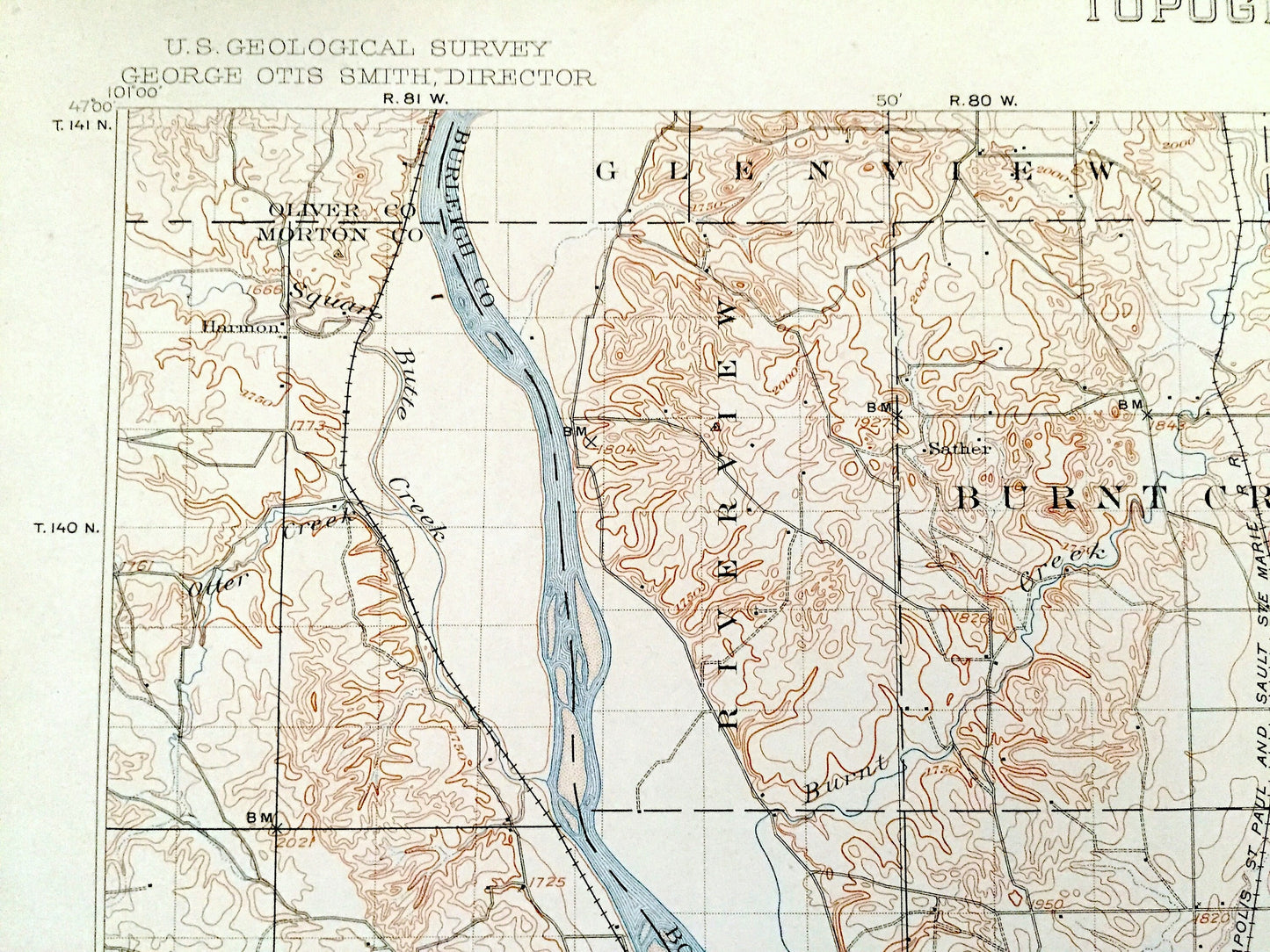 Antique Bismarck, North Dakota 1907 US Geological Survey Topographic Map – Morton, Burleigh, Emmons County, Mandan, Lincoln, Custer, ND