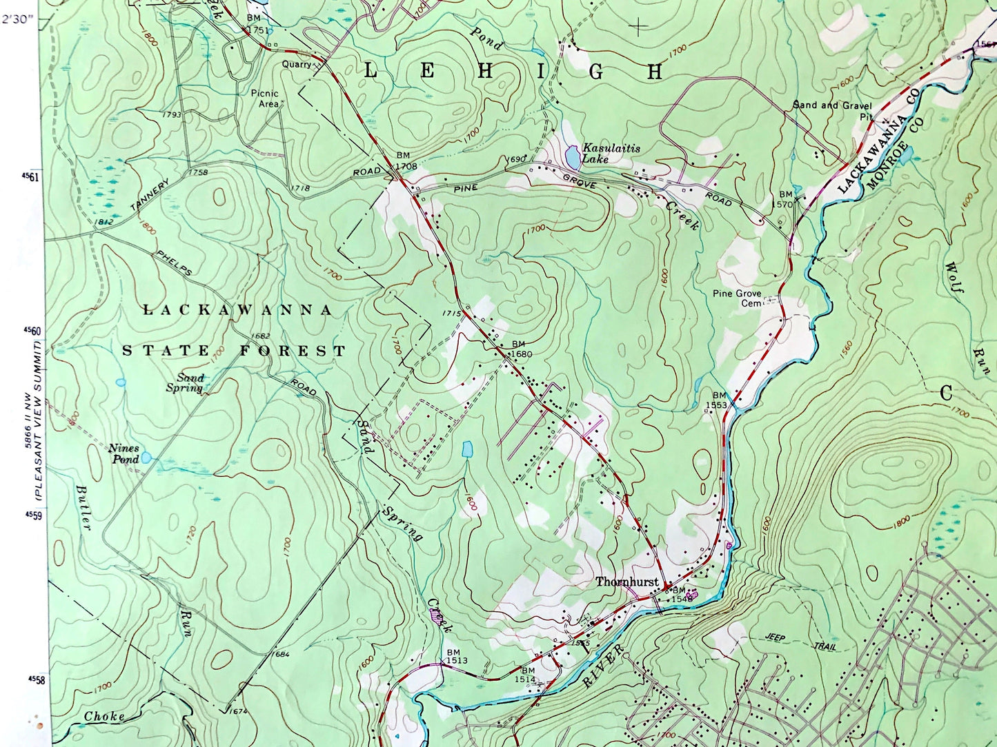 Antique Thornhurst, Pennsylvania 1965 US Geological Survey Topographic Map – Lackawanna, Monroe, Luzerne County, Clifton, Lehigh, Poconos PA