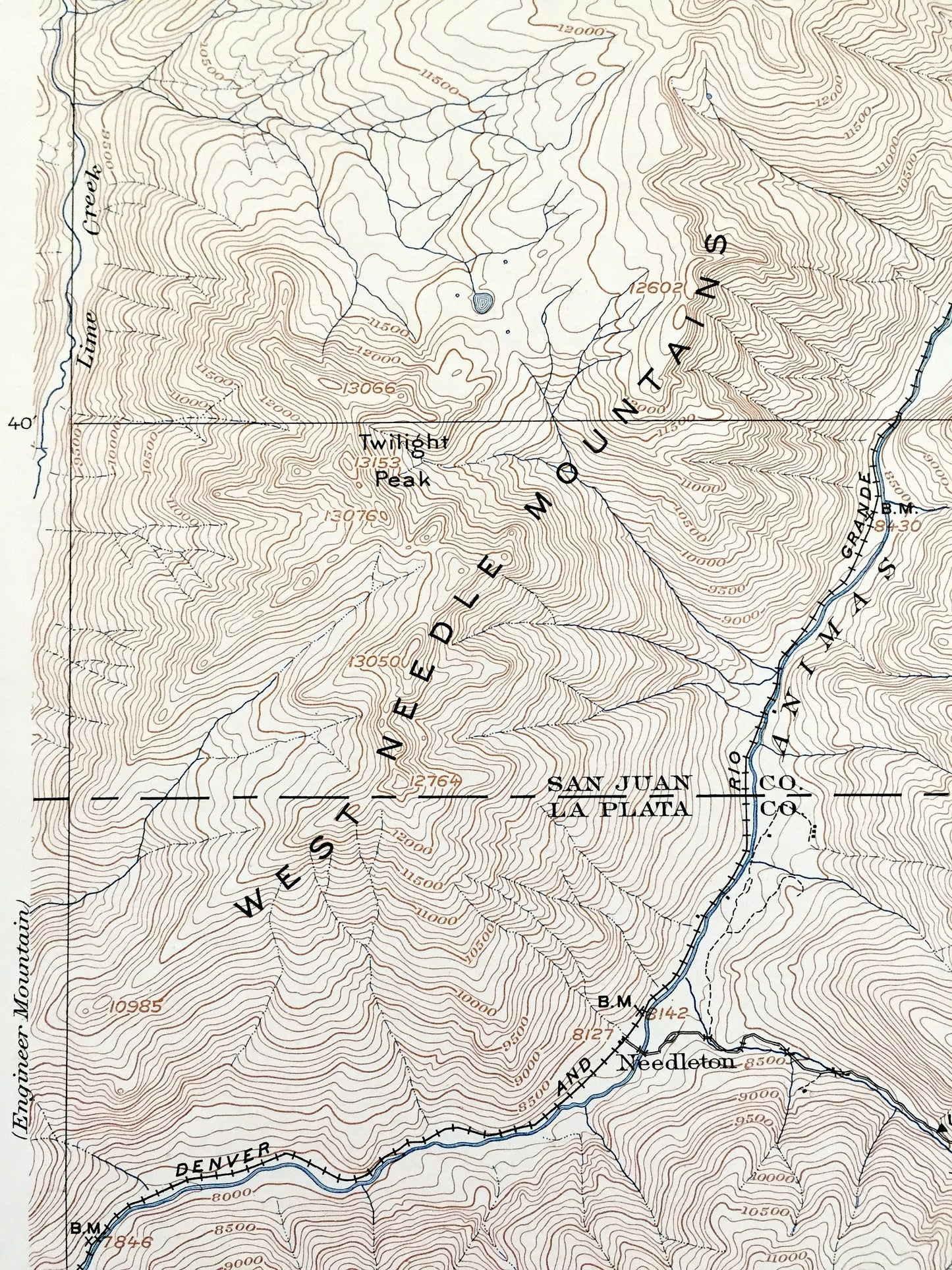 Antique Needle Mountains, Colorado 1902 US Geological Survey Topographic Map – La Plata, San Juan County Rocky Mountains, Animas River, CO