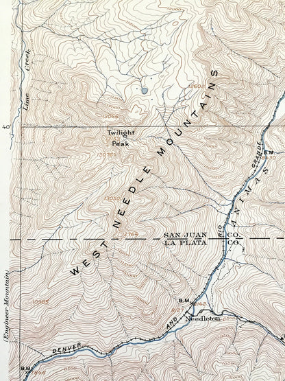 Antique Needle Mountains, Colorado 1902 US Geological Survey Topographic Map – La Plata, San Juan County Rocky Mountains, Animas River, CO