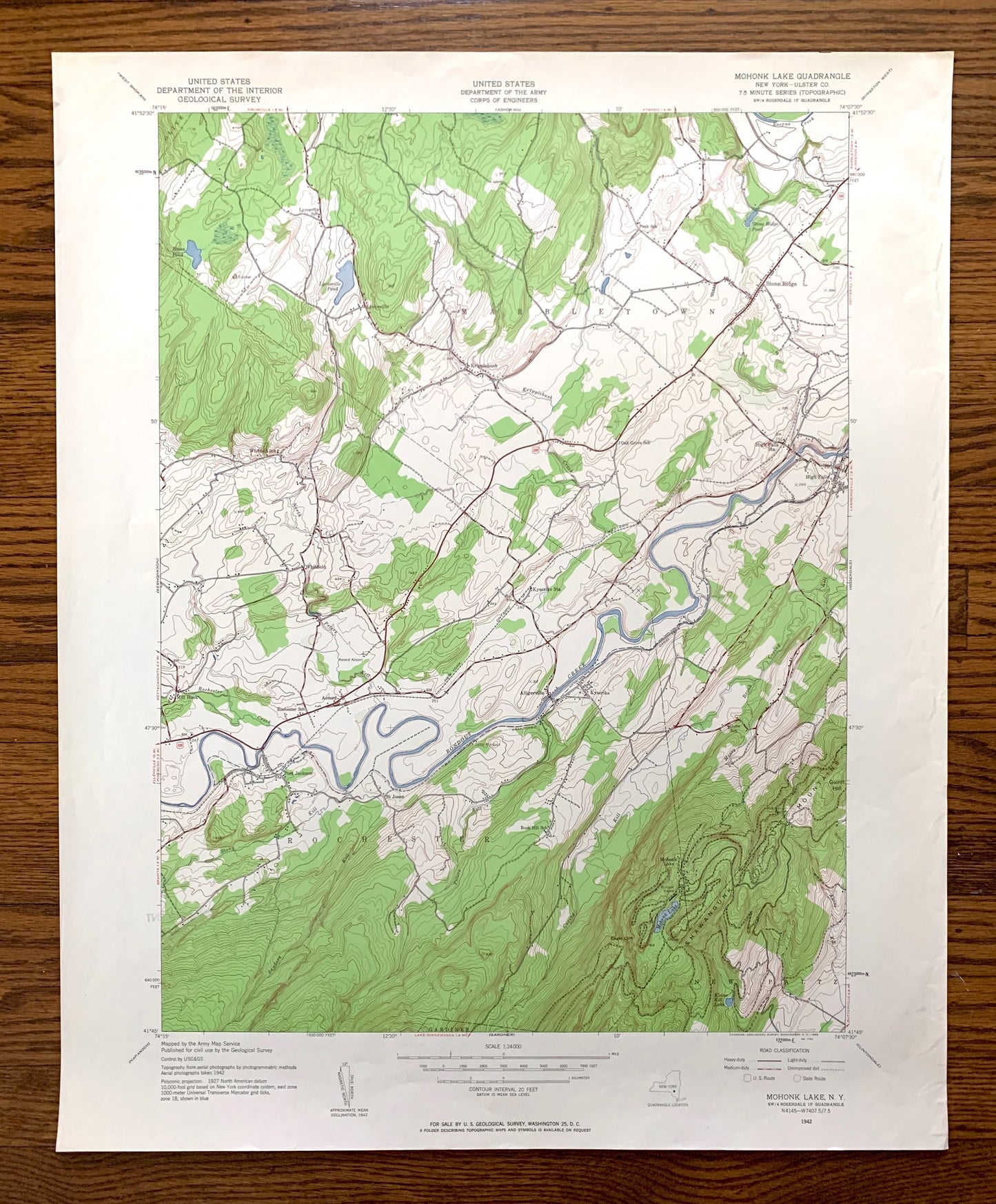 Antique Mohonk Lake, New York 1942 US Geological Survey Topographic Map – Ulster County, Marbletown, Rochester, New Paltz, Kripplebush NY