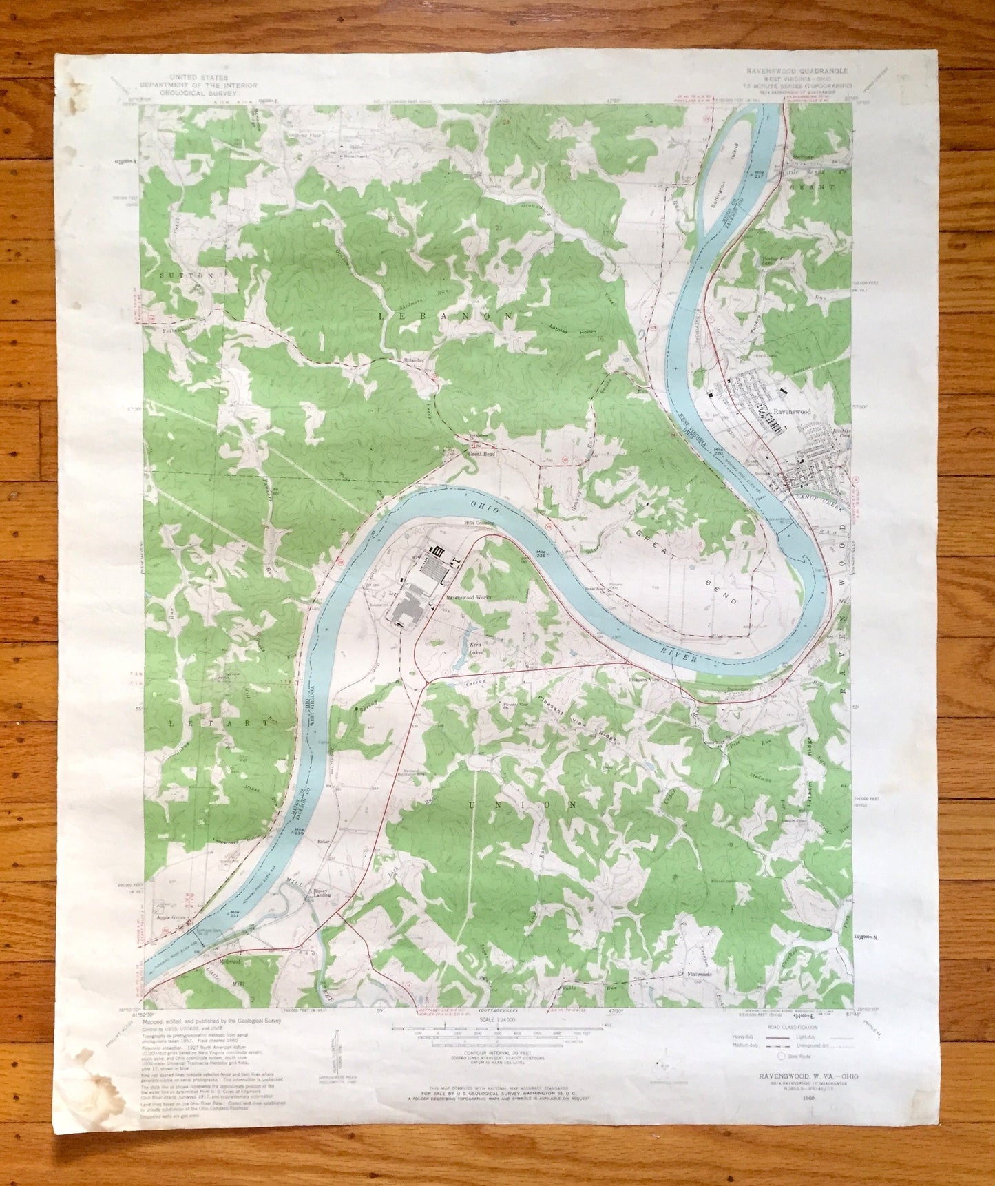 Antique Ravenswood, West Virginia 1960 US Geological Survey Topographic Map – Great Bend, Ohio, Lebanon, Grant, Apple Grove, Letart, WV OH