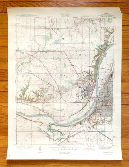Antique Lafayette, Indiana 1942 US Geological Survey Topographic Map – Tippecanoe County, West, Wabash River, Union, Purdue University, IN