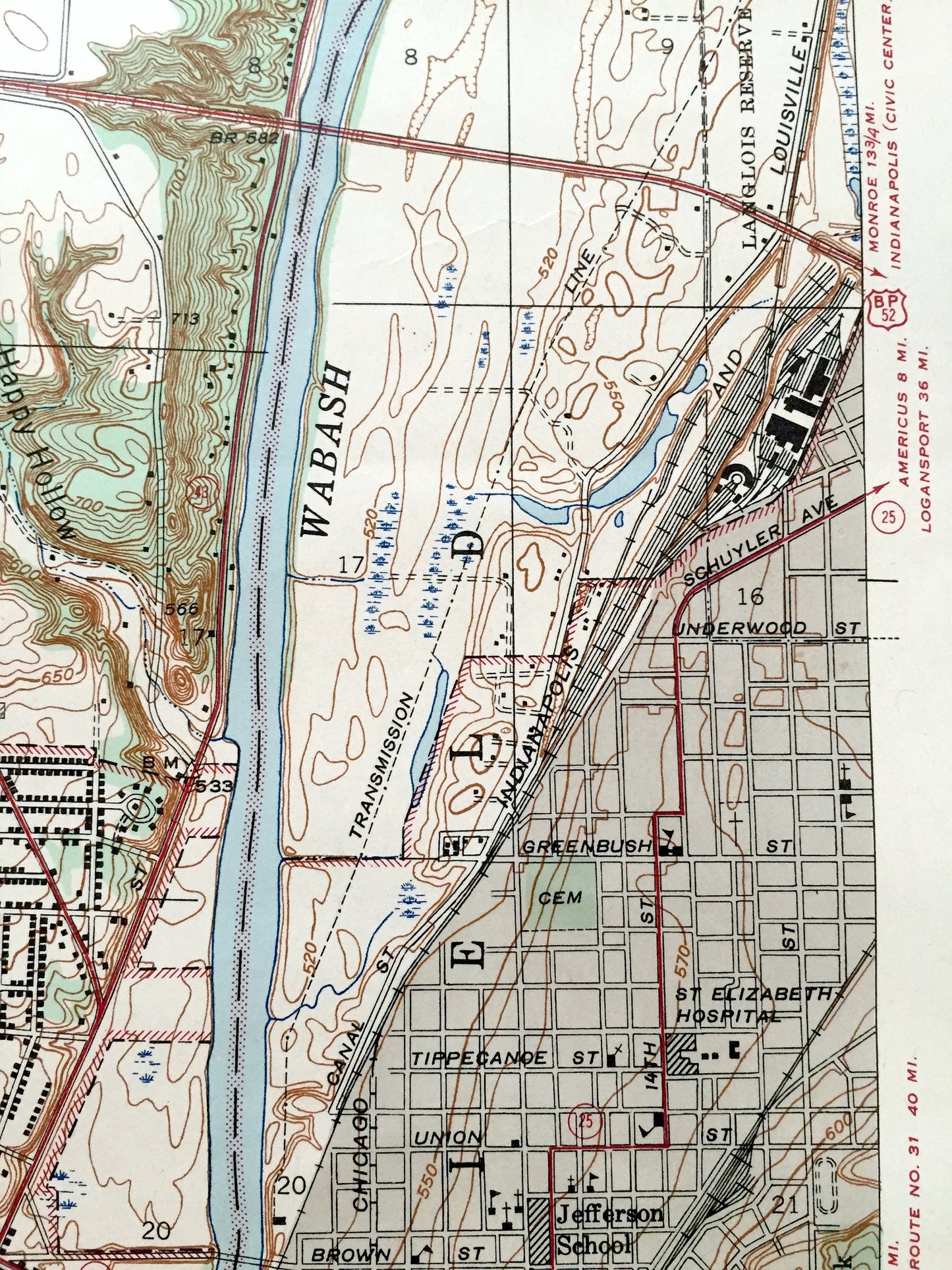 Antique Lafayette, Indiana 1942 US Geological Survey Topographic Map – Tippecanoe County, West, Wabash River, Union, Purdue University, IN