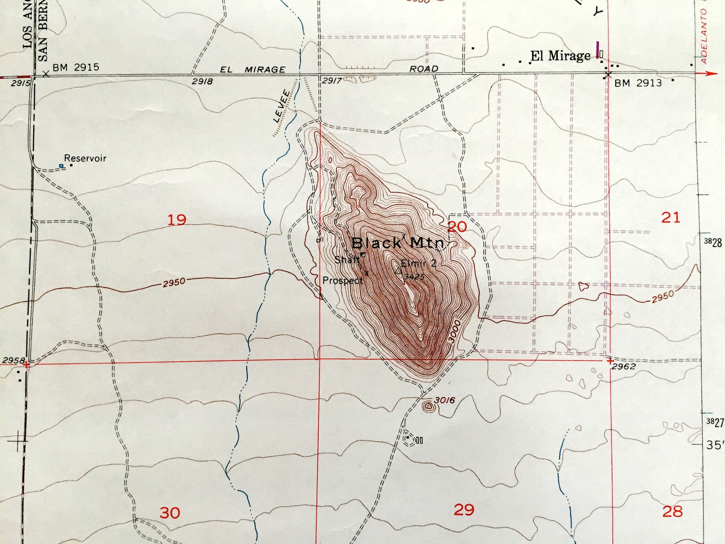 Antique El Mirage Valley, California 1956 US Geological Survey Topographic Map – Los Angeles, San Bernardino County, Black Butte, Gray, CA