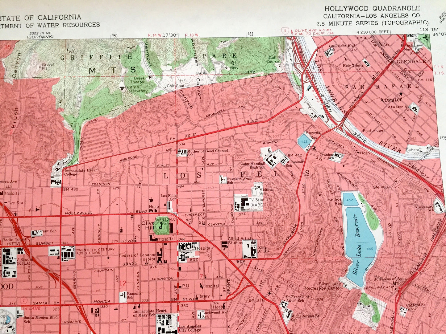 Antique Hollywood, California 1966 US Geological Survey Topographic Map – Los Angeles, San Rafael, Las Cienagas, La Brea, Griffith Park, CA
