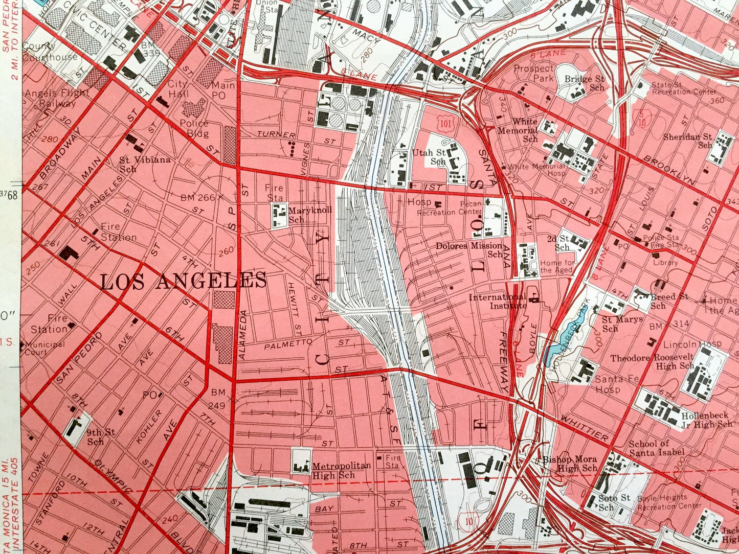 Antique Los Angeles, California 1966 US Geological Survey Topographic Map – Pasadena, San Rafael, Vernon, Monterey Park, Alhambra Elysian CA