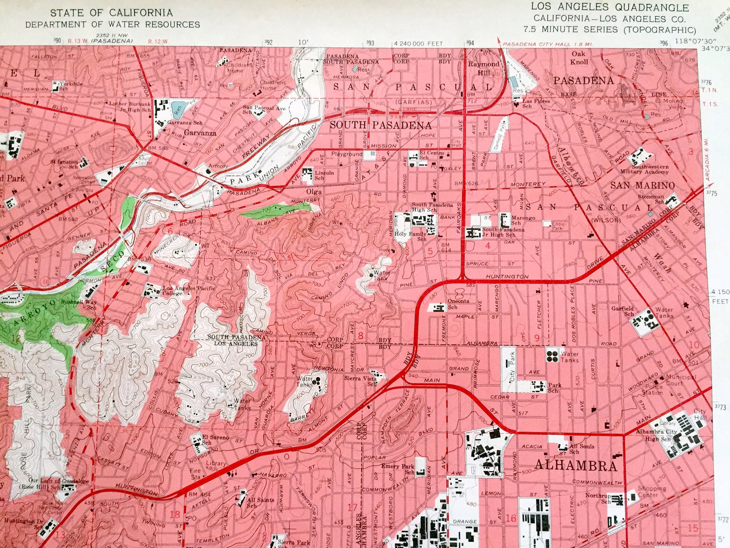 Antique Los Angeles, California 1966 US Geological Survey Topographic Map – Pasadena, San Rafael, Vernon, Monterey Park, Alhambra Elysian CA