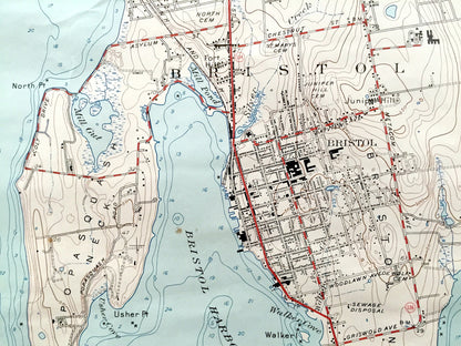 Antique Bristol, Rhode Island 1955 US Geological Survey Topographic Map – Newport County, Barrington, Warren, Nayatt, Shawomet Warwick RI MA