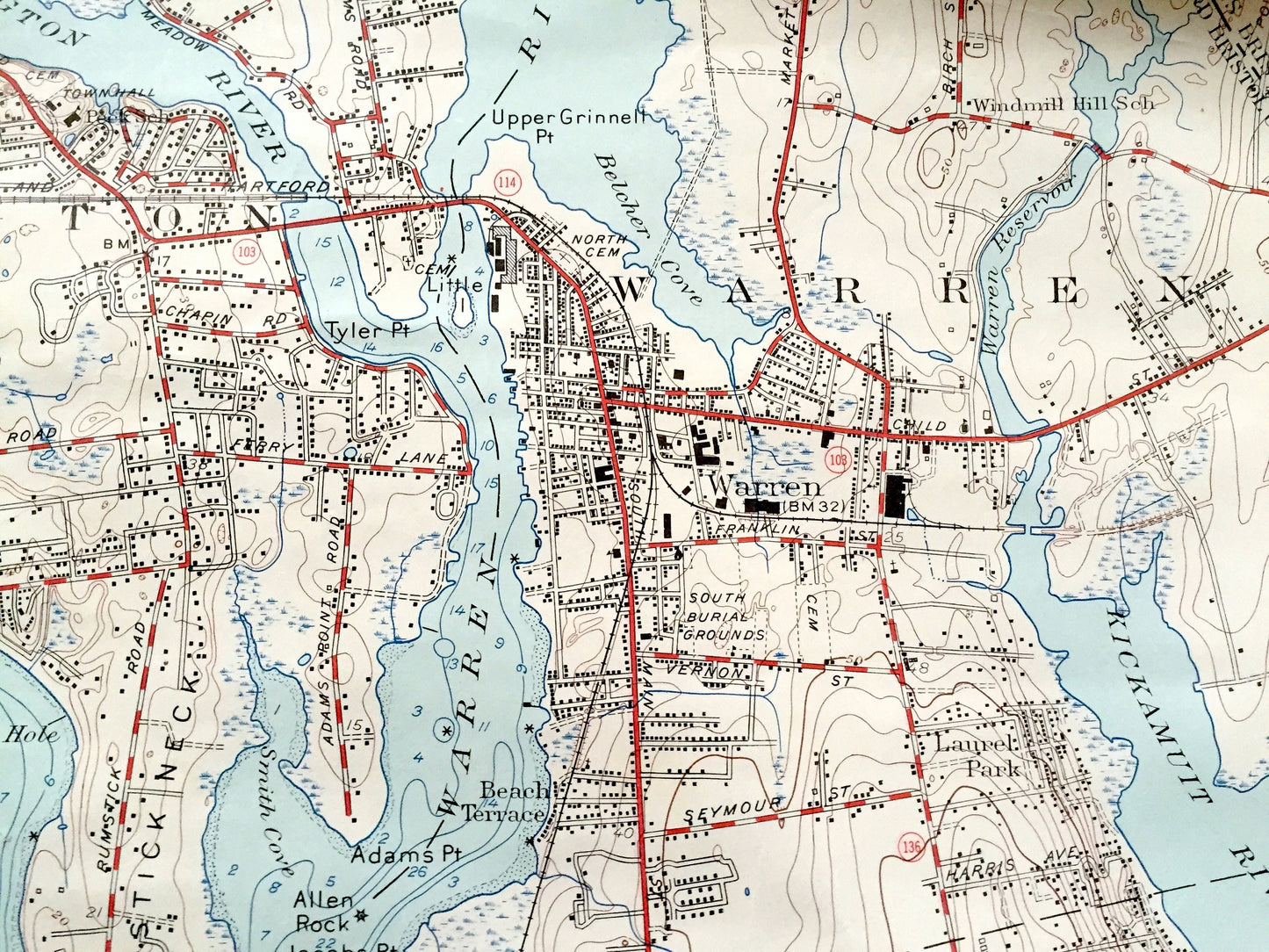 Antique Bristol, Rhode Island 1955 US Geological Survey Topographic Map – Newport County, Barrington, Warren, Nayatt, Shawomet Warwick RI MA