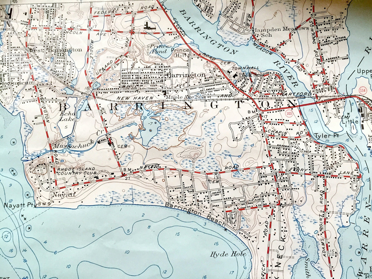 Antique Bristol, Rhode Island 1955 US Geological Survey Topographic Map – Newport County, Barrington, Warren, Nayatt, Shawomet Warwick RI MA