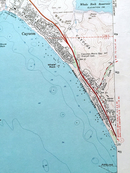 Antique Cayucos, California 1965 US Geological Survey Topographic Map – San Luis Obispo County, Morro Strand Beach, Harmony Headlands, CA