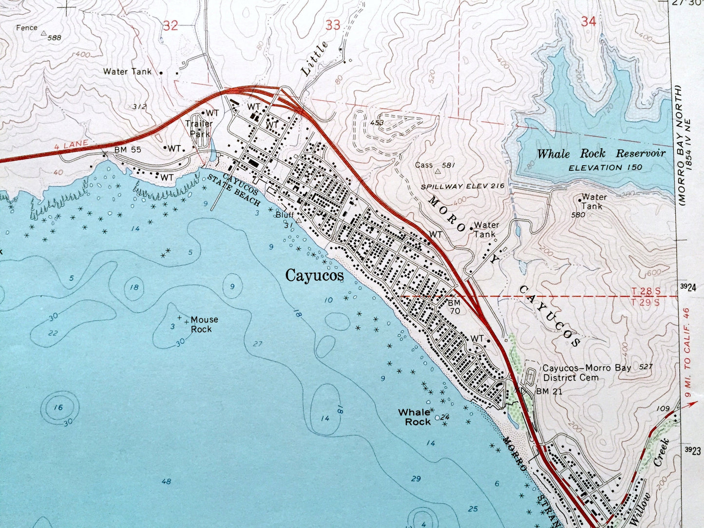 Antique Cayucos, California 1965 US Geological Survey Topographic Map – San Luis Obispo County, Morro Strand Beach, Harmony Headlands, CA