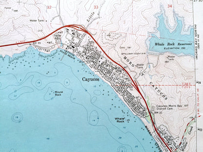 Antique Cayucos, California 1965 US Geological Survey Topographic Map – San Luis Obispo County, Morro Strand Beach, Harmony Headlands, CA