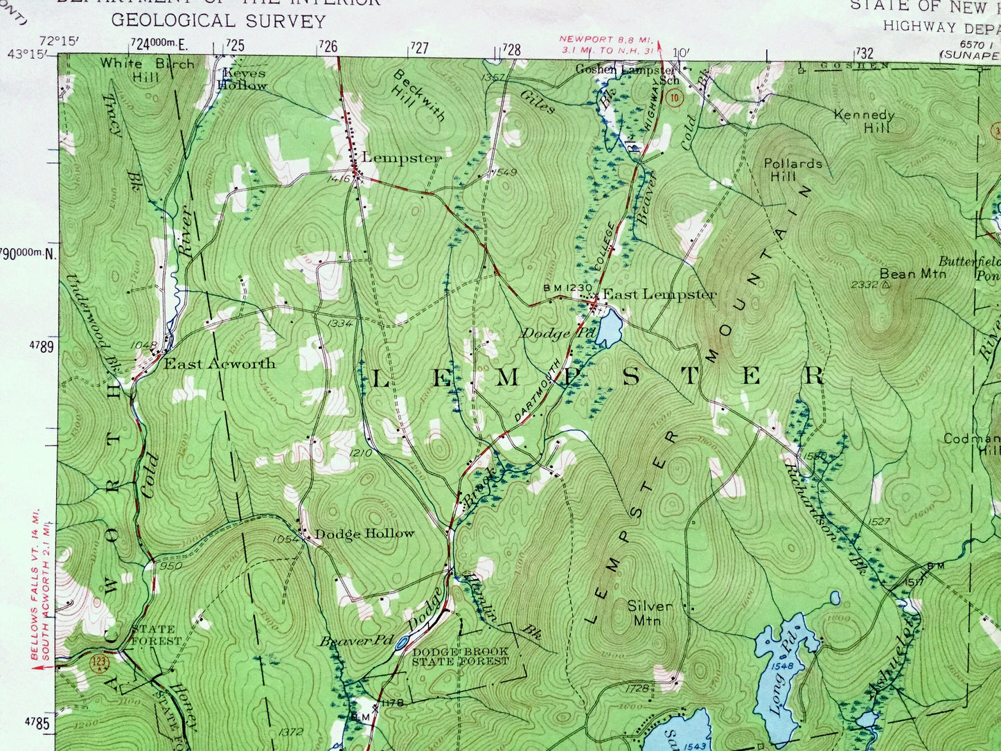 Antique Lovewell Mountain, New Hampshire 1957 US Geological Survey Topographic Map – Washington, Stoddard, Marlow, Lempster, Windsor, NH