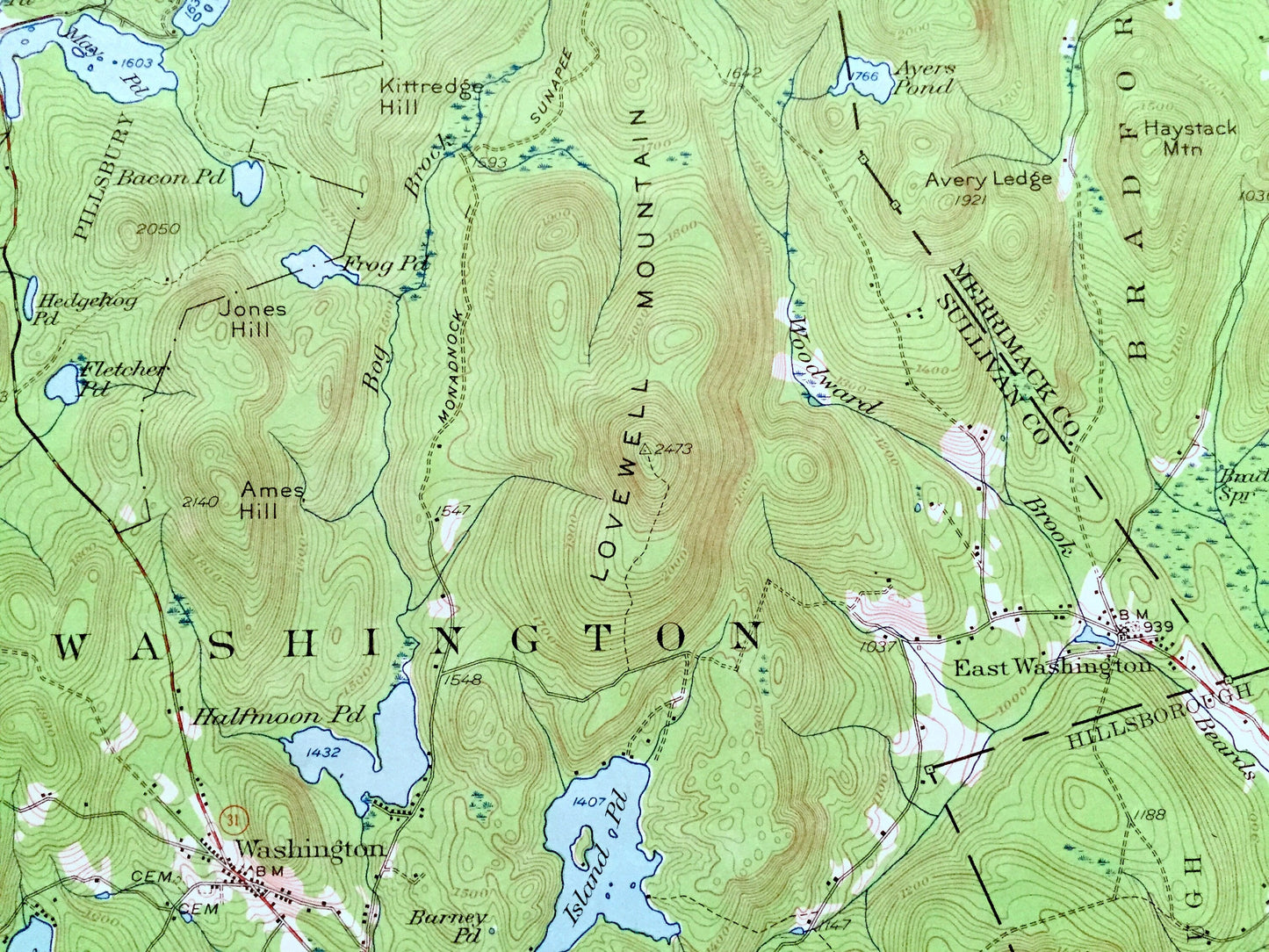 Antique Lovewell Mountain, New Hampshire 1957 US Geological Survey Topographic Map – Washington, Stoddard, Marlow, Lempster, Windsor, NH