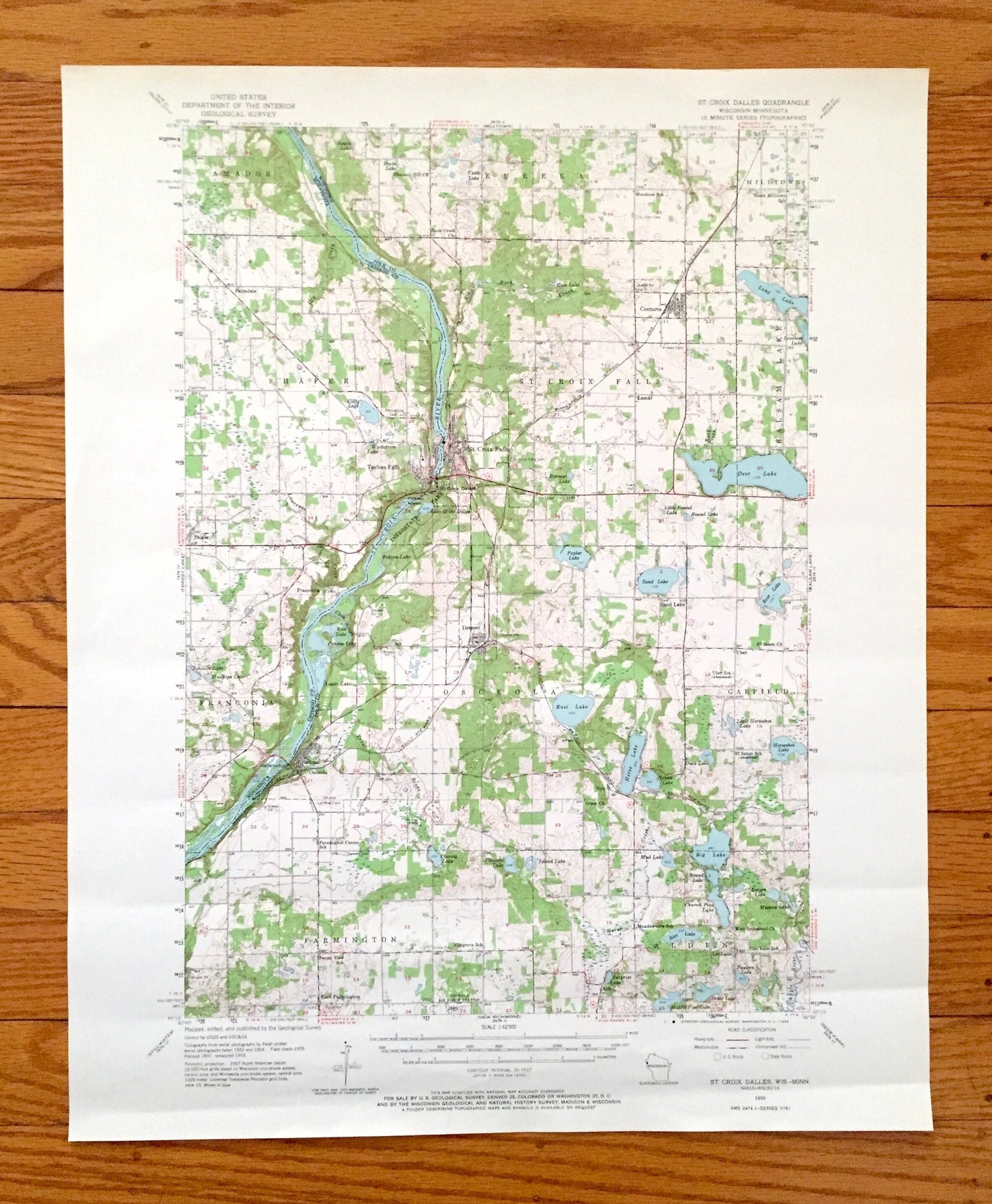 Antique St Croix Falls, Wisconsin 1955 US Geological Survey Topographic Map – Polk, Chisago County, Dalles, River, Dresser, Osceola WI MN