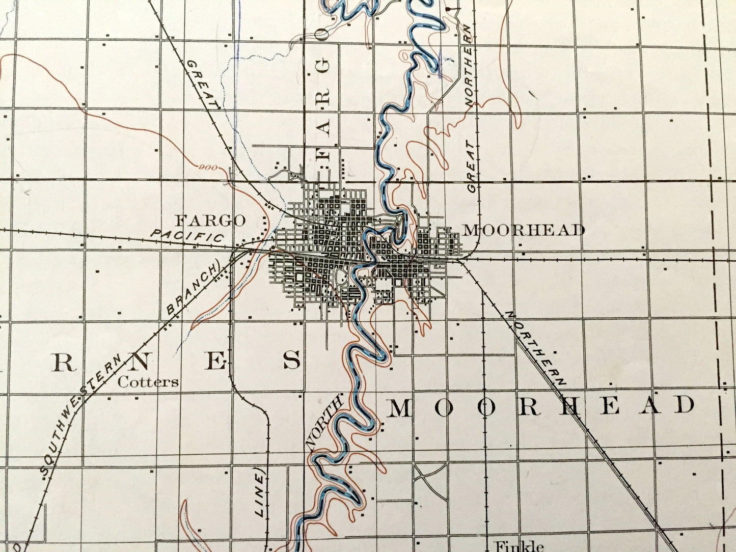 Antique Fargo, North Dakota 1897 US Geological Survey Topographic Map – Moorhead, Minnesota, Cass, Richland, Clay, Wilkin County, MN ND
