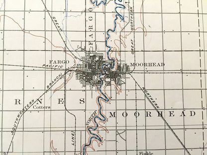 Antique Fargo, North Dakota 1897 US Geological Survey Topographic Map – Moorhead, Minnesota, Cass, Richland, Clay, Wilkin County, MN ND