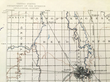 Antique Fargo, North Dakota 1897 US Geological Survey Topographic Map – Moorhead, Minnesota, Cass, Richland, Clay, Wilkin County, MN ND