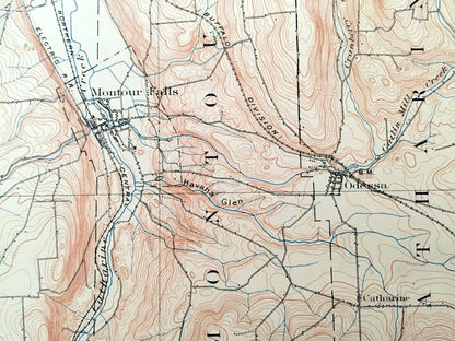 Antique Watkins Glen, New York 1901 US Geological Survey Topographic Map – Schuyler County, Montour, Catlin, Hornby, Hector, Reading NY