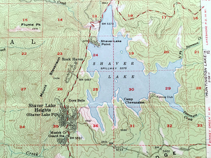 Antique Shaver Lake, California 1953 US Geological Survey Topographic Map – Madera, Fresno County, Sierra National Forest, Rock Haven, CA