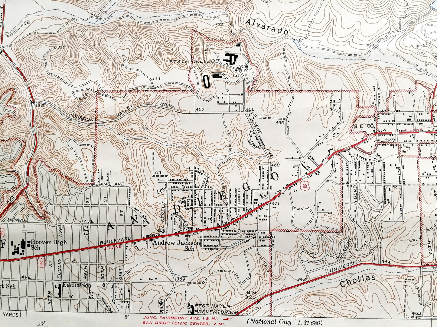 Antique La Mesa, California 1947 US Geological Survey Topographic Map – San Diego County, State University, Mission Trails Park, College, CA