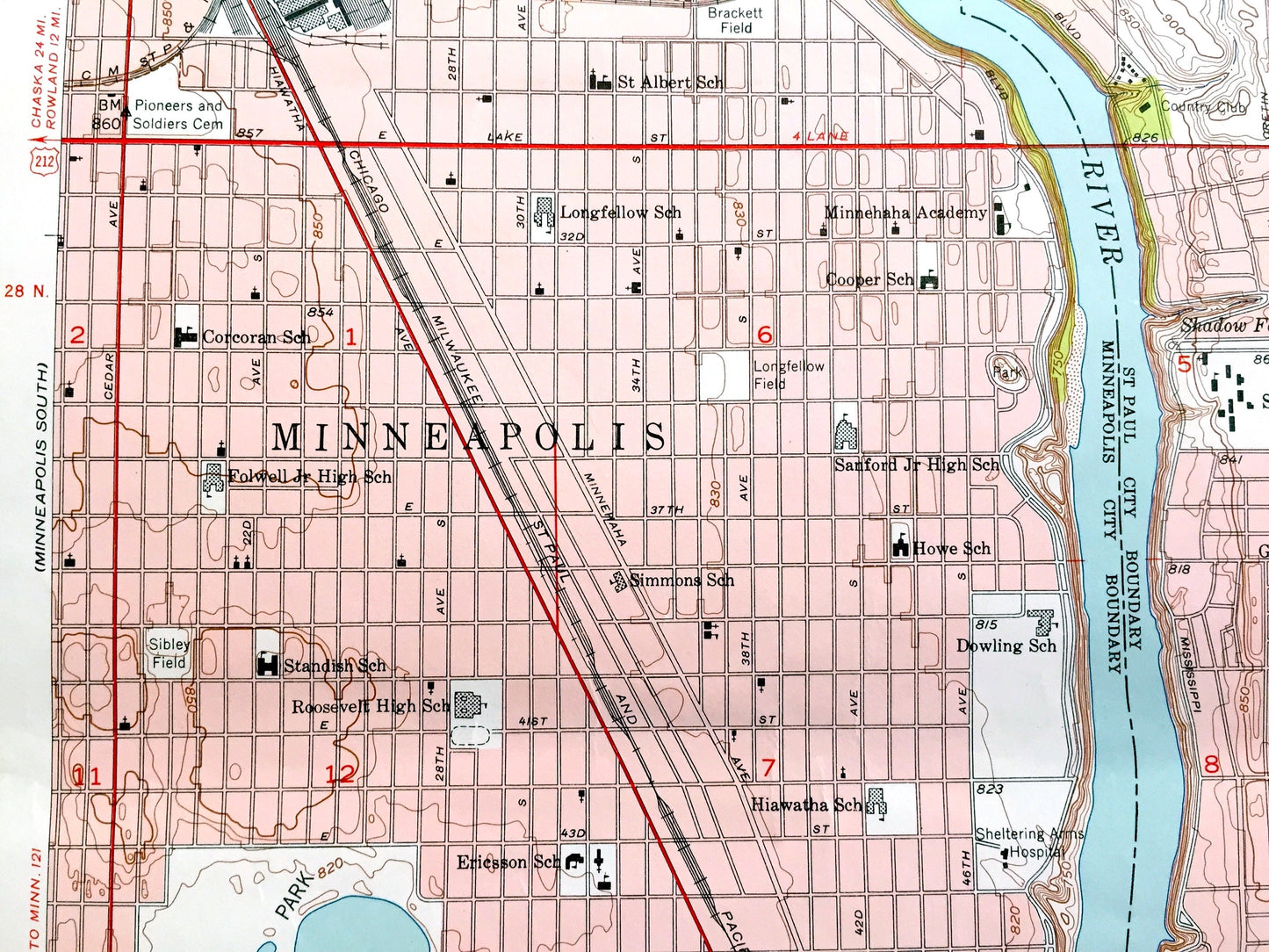 Antique St Paul West, Minnesota 1951 US Geological Survey Topographic Map – Ramsey, Hennepin, Dakota County, Minneapolis, Mendota Heights MN