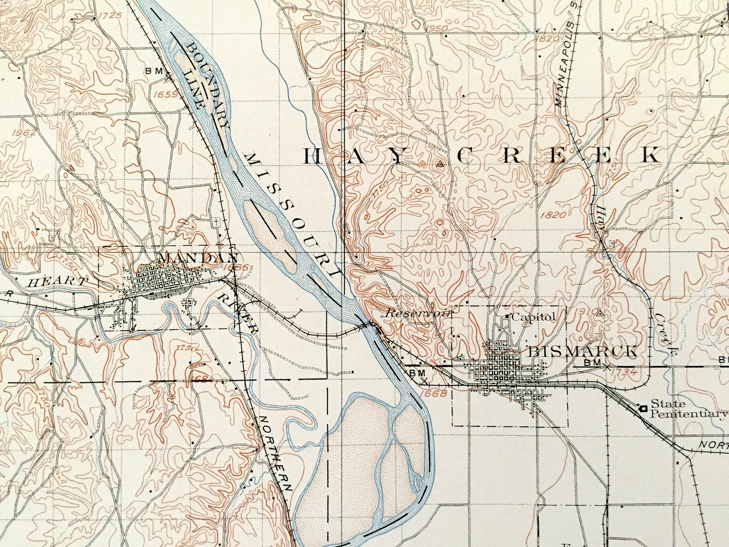 Antique Bismarck, North Dakota 1907 US Geological Survey Topographic Map – Morton, Burleigh, Emmons County, Mandan, Lincoln, Custer, ND